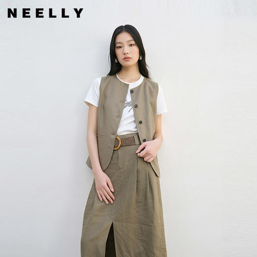NEELLY纳俪商场同款夏新款复古老钱风时尚马甲女圆领开叉松弛上衣N26044D04563 商品图0