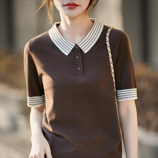 百媚生 蚕丝羊毛POLO领撞色短袖针织衫薄款上衣女PY-6610-53 商品图1