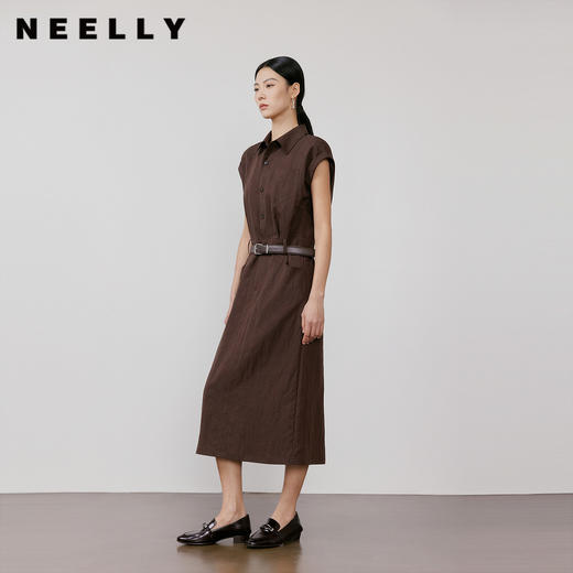 NEELLY纳俪*场同款春新款简约职场翻领连衣裙**练通勤收腰长裙N26031Y01121 商品图0