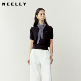NEELLY纳俪商场同款春季新款休闲通勤拼接短袖针织女复古宽松上衣N26023A01078