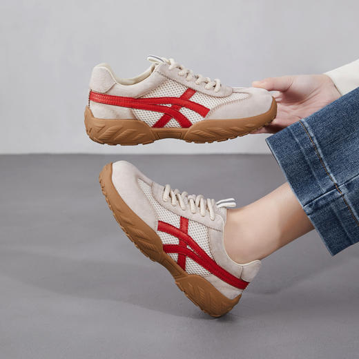 雀说 复古德训鞋女透气网面拼色阿甘鞋系带休闲运动单鞋ZM269067 商品图0