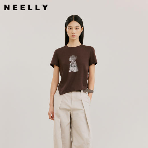 NEELLY纳俪商场同款春季新款气质收腰短袖T恤女休闲简约百搭上衣N26012T01034 商品图0