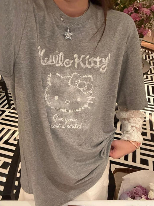 韩国东大门KT猫蕾丝拼接卡通印花假两件T恤 商品图2