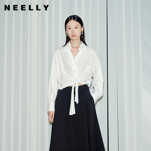 NEELLY纳俪商场同款春新款V领设计感气质长袖衬衫女收腰显瘦上衣N26034B04503 商品图0