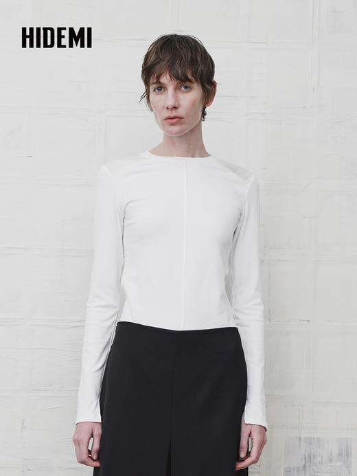 HIDEMI 设计感修身正肩长袖圆领T恤上衣 商品图0