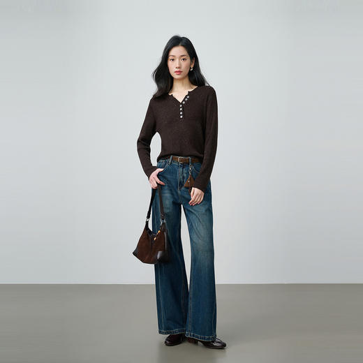 NEELLY纳俪商场同款春季新款复古阔腿水洗牛仔裤女休闲高腰长裤N26024H05506 商品图3