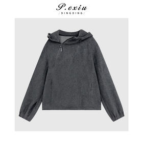 03-2潘依绣丁丁宠粉羊毛人丝小众慵懒风不规则半拉链连帽绒面长袖卫衣Q19745