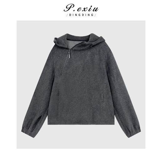03-2潘依绣丁丁宠粉羊毛人丝小众慵懒风不规则半拉链连帽绒面长袖卫衣Q19745 商品图0