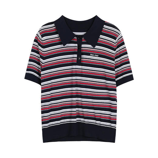 NEELLY纳俪商场同款夏季新款POLO领短袖针织衫女条纹撞色舒适上衣N26054A04504 商品图3