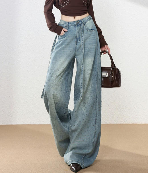 春季新款璀璨星河~重工细闪满天星烫钻高腰显瘦阔腿牛仔裤（配腰绳） 商品图0