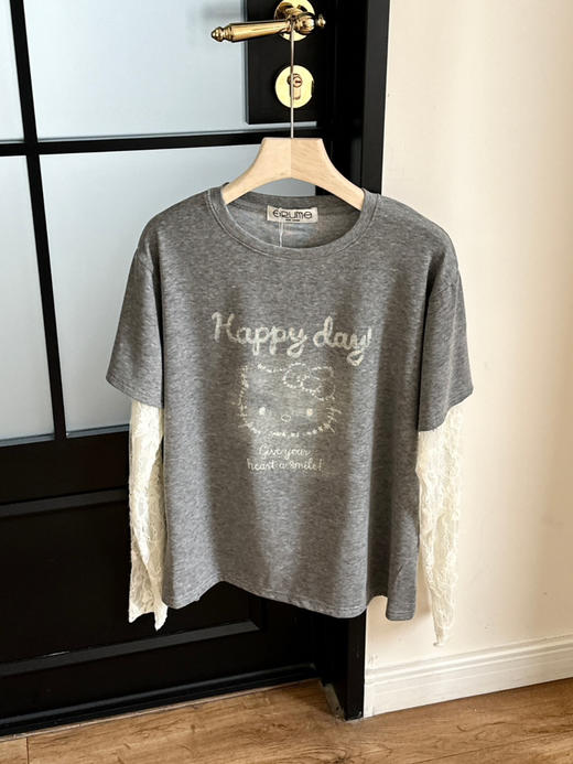 韩国东大门KT猫蕾丝拼接卡通印花假两件T恤 商品图6