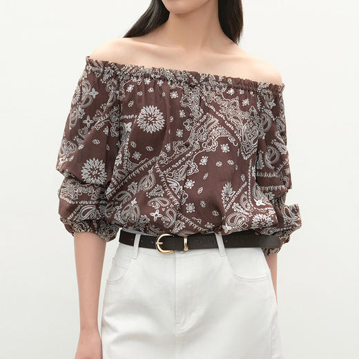 NEELLY纳俪商场同款夏新款复古优雅一字肩上衣女显瘦百搭宽松T恤N26054R04635 商品图2