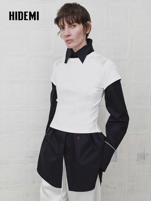 HIDEMI 设计感修身正肩短袖圆领T恤上衣 商品图0