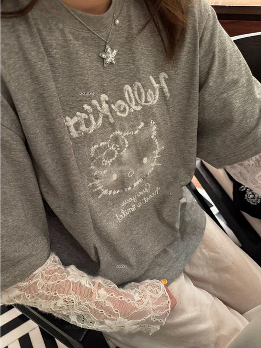 韩国东大门KT猫蕾丝拼接卡通印花假两件T恤 商品图1