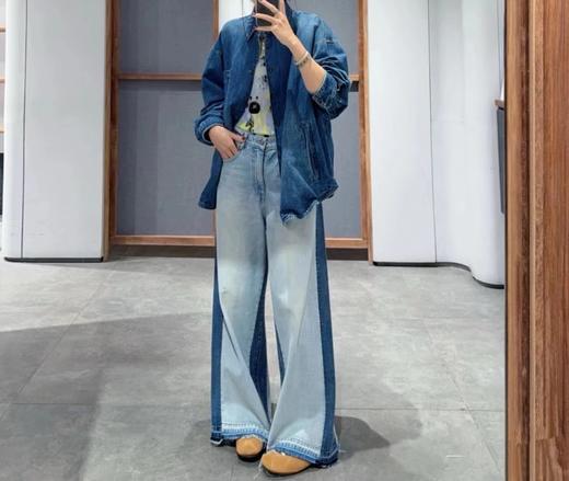 F030149春新品牛仔裤高腰阔腿显瘦拼色毛边设计直筒休闲裤 商品图8