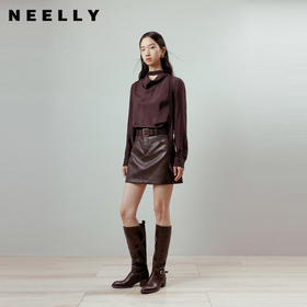 NEELLY纳俪商场同款春季新款复古摩登高腰A字皮裙女深棕简约短裙N26012E01041