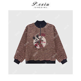 A008潘依绣丁丁宠粉松弛感颗粒绒撞色条纹印花磨绒加厚拼接半开领长袖卫衣Q20154