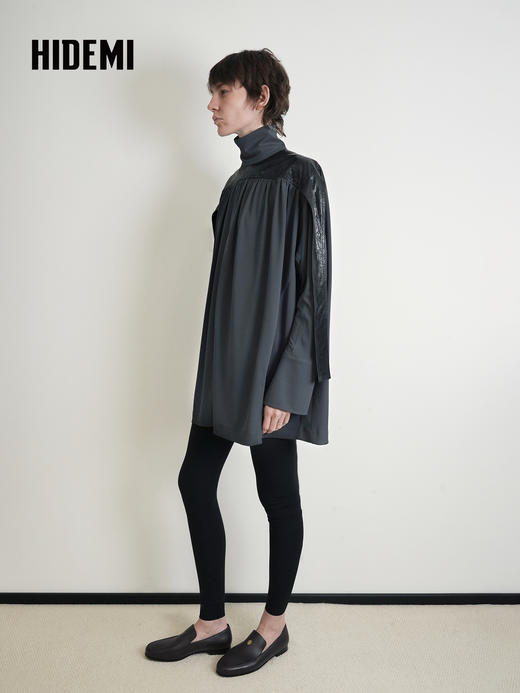 HIDEMI 设计感油蜡皮拼接立领连袖蝙蝠袖垂感上衣 商品图5