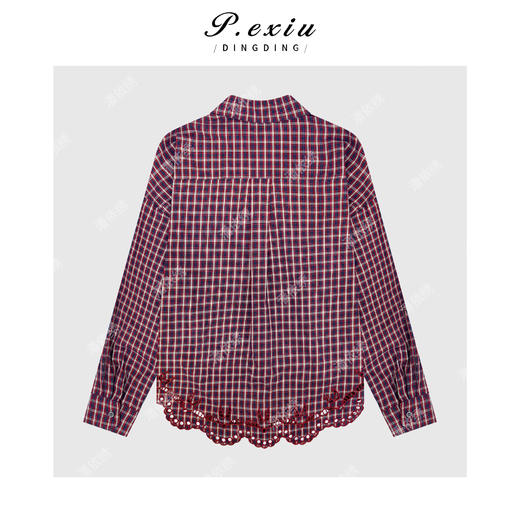 100%棉镂空刺绣撞色格纹阔版宽松翻领长袖衬衫W-63523 商品图1