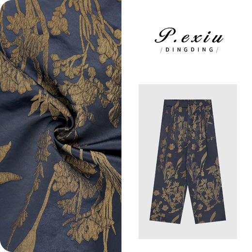 人丝新中式国风刺绣暗纹高级感直筒休闲裤 W-63776-1 商品图0