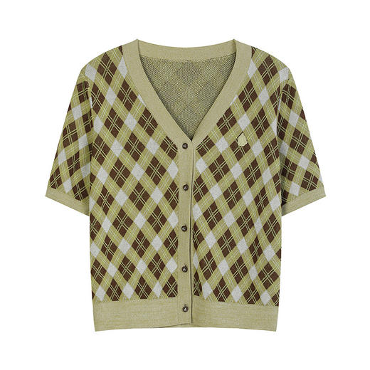 NEELLY纳俪商场同款夏新款V领格纹设计感针织开衫女撞色显白毛衣N26044A04513 商品图3