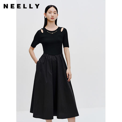 NEELLY纳俪商场同款夏新款针织拼接连衣裙女中长款挖肩设计感长裙N26044Y04593 商品图0