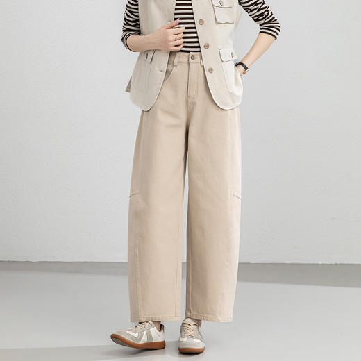 百媚生 棉质麻色阔腿牛仔裤女高腰宽松九分弯刀裤子EC86021 商品图1