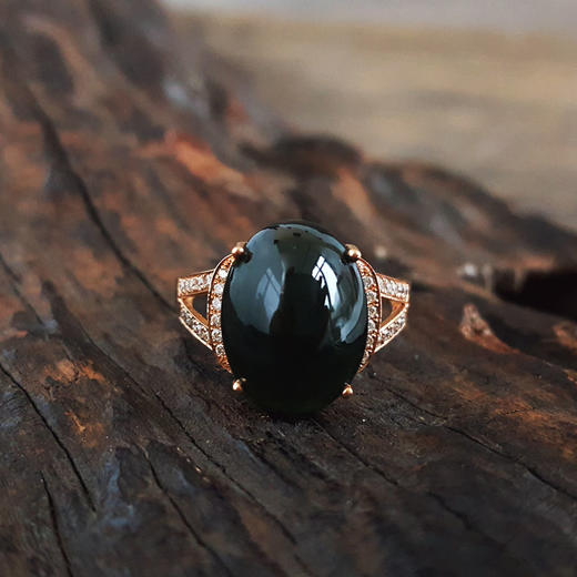 【天然正品】A货翡翠AU750玫瑰金镶钻镶天然细腻冰种蛋面墨翠戒指 14.0*10.4MM（皆取最大值）13.5号（戒圈可改）281025AH74 商品图5