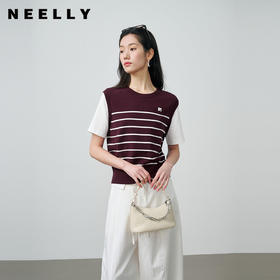 NEELLY纳俪商场同款春新款休闲假两件针织短袖女简约撞色随性上衣N26024A04408