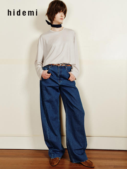 hidemi副线小h 松弛感宽松落肩圆领长袖T恤 商品图9