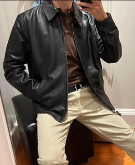 31-7 极限特惠48H 圆正尾货 小马刺绣 黑色翻领绊口 更细腻柔软羔羊皮 男士皮衣夹克外套 老朱穿L