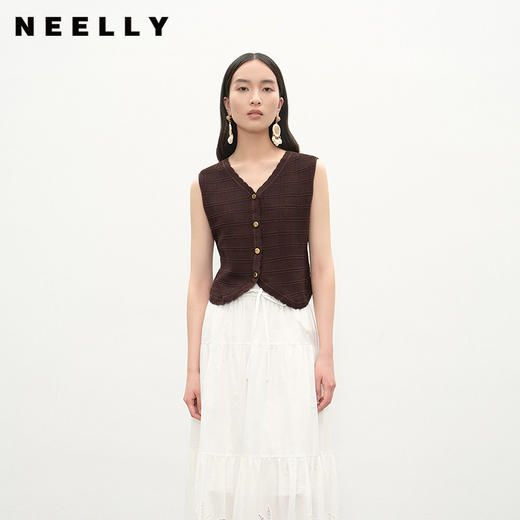 NEELLY纳俪商场同款夏季新款休闲V领针织开衫马甲女修身舒适上衣N26054A04401 商品图0