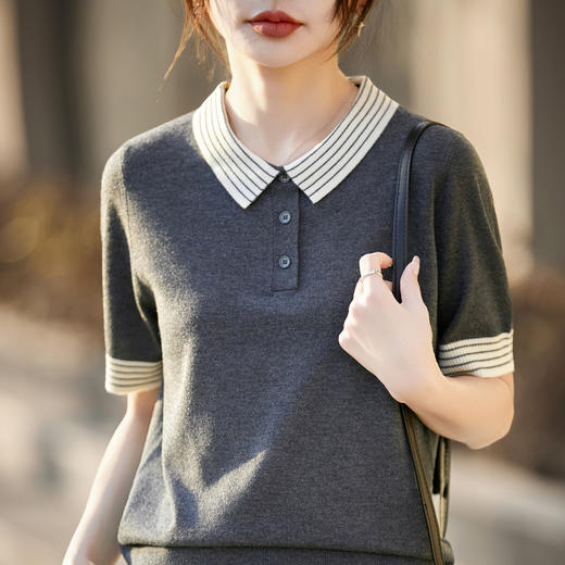 百媚生 蚕丝羊毛POLO领撞色短袖针织衫薄款上衣女PY-6610-53 商品图3