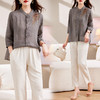百媚生 绣花苎麻衬衫两件套透气棉麻套装 商品缩略图1