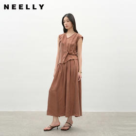 NEELLY纳俪商场同款夏季新款复古文艺风气质V领连衣裙女收腰长裙N26044Y04567