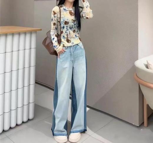 F030149春新品牛仔裤高腰阔腿显瘦拼色毛边设计直筒休闲裤 商品图3