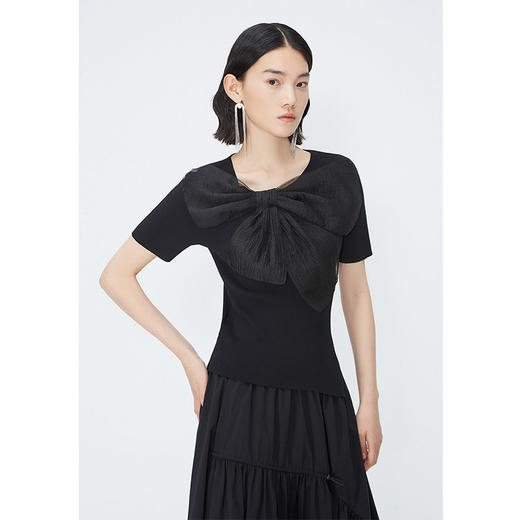 NEELLY纳俪商场同款夏季新款黑色套头针织衫女薄款网纱蝴蝶结上衣N26044A04581 商品图1