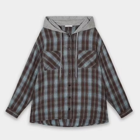 韩国Bellide拼接格子连帽衬衫