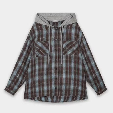 韩国Bellide拼接格子连帽衬衫 商品图0