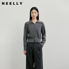 NEELLY纳俪商场同款春季新款时髦大翻领拉链针织衫女复古气质上衣N26011A01006