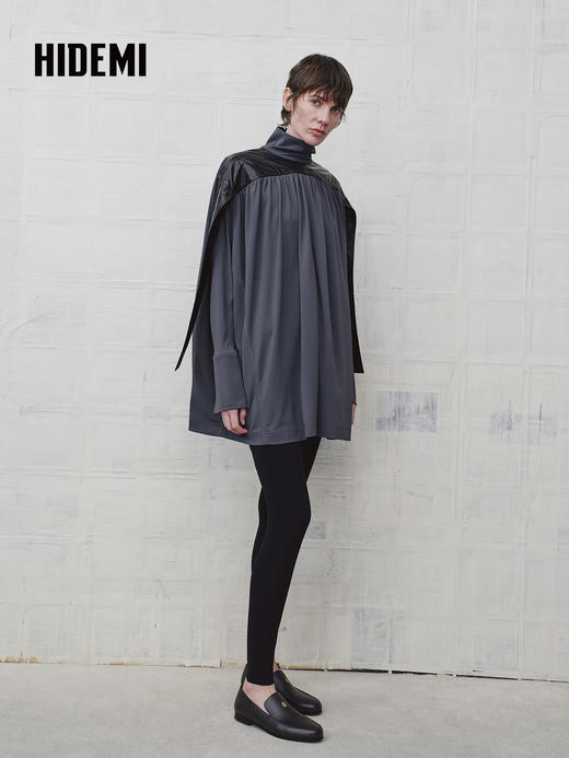 HIDEMI 设计感油蜡皮拼接立领连袖蝙蝠袖垂感上衣 商品图2