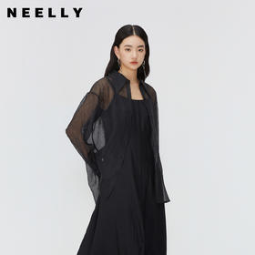 NEELLY纳俪商场同款夏季新款翻领长袖衬衫女朦胧透感后背系带上衣N26044B04591