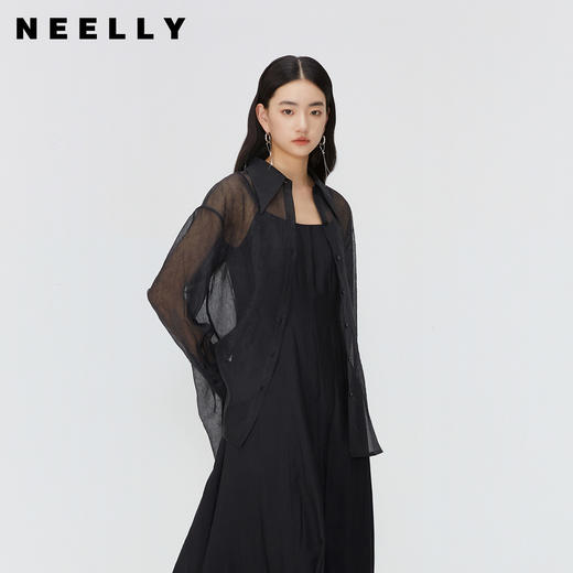 NEELLY纳俪商场同款夏季新款翻领长袖衬衫女朦胧透感后背系带上衣N26044B04591 商品图0