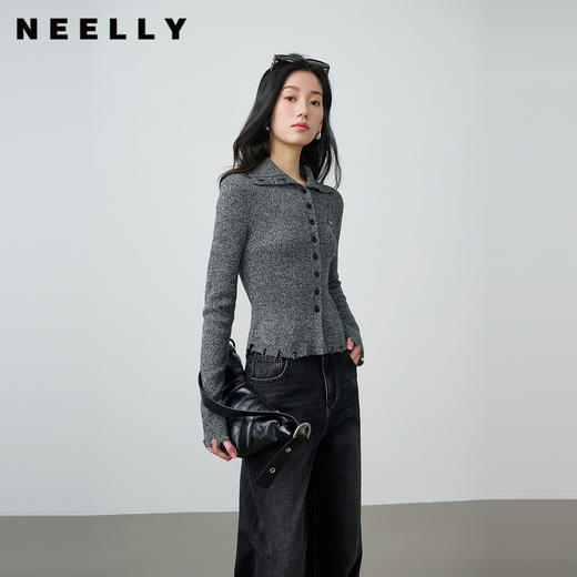 NEELLY纳俪商场同款春季新款修身翻领温柔针织开衫女显瘦亲肤上衣N26014A03312 商品图0