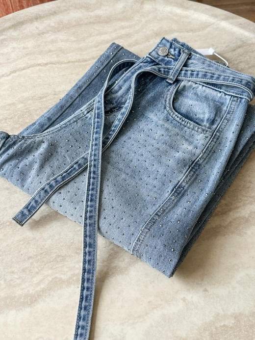 春季新款璀璨星河~重工细闪满天星烫钻高腰显瘦阔腿牛仔裤（配腰绳） 商品图10