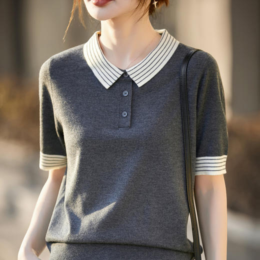 百媚生 蚕丝羊毛POLO领撞色短袖针织衫薄款上衣女PY-6610-53 商品图0