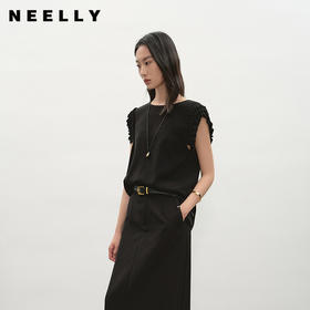NEELLY纳俪商场同款夏新款简约舒适无袖T恤女褶边设计感显瘦上衣N26054R04410
