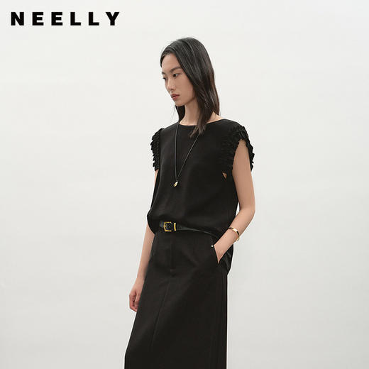 NEELLY纳俪商场同款夏新款简约舒适无袖T恤女褶边设计感显瘦上衣N26054R04410 商品图0