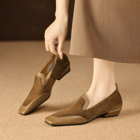 【预售5天】法式复古拼接低跟单鞋女真皮方头深口小皮鞋软底通勤工作乐福鞋LG&912-1703