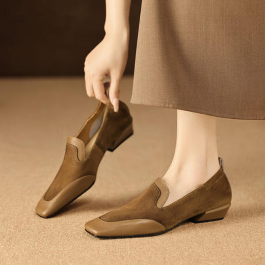 【预售5天】法式复古拼接低跟单鞋女真皮方头深口小皮鞋软底通勤工作乐福鞋LG&912-1703 商品图0